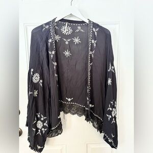Free People Black Top with White Floral Embroidery